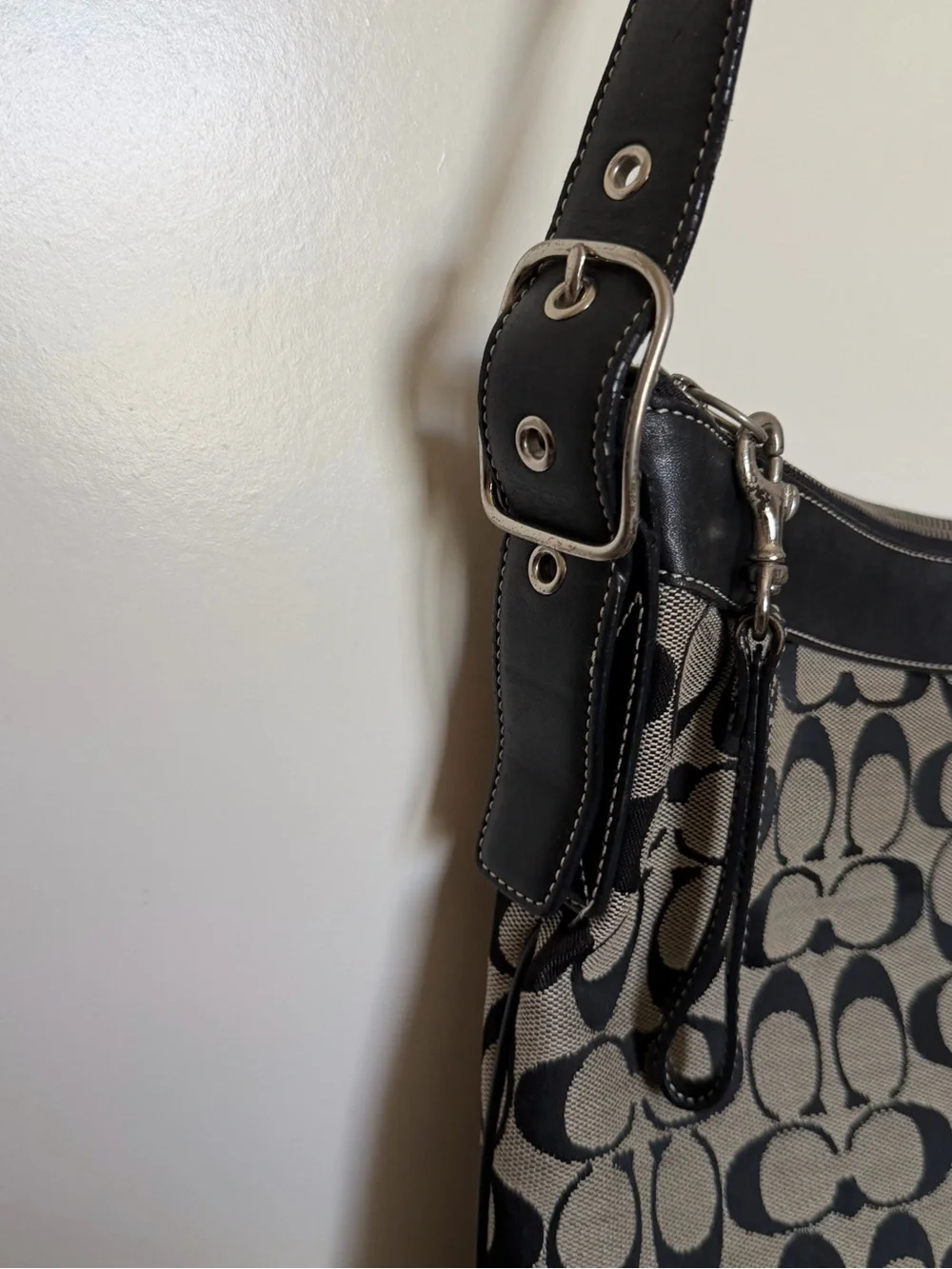 COACH Crossbody Bag Canvas Monogram Leather Trim Pre-Loved